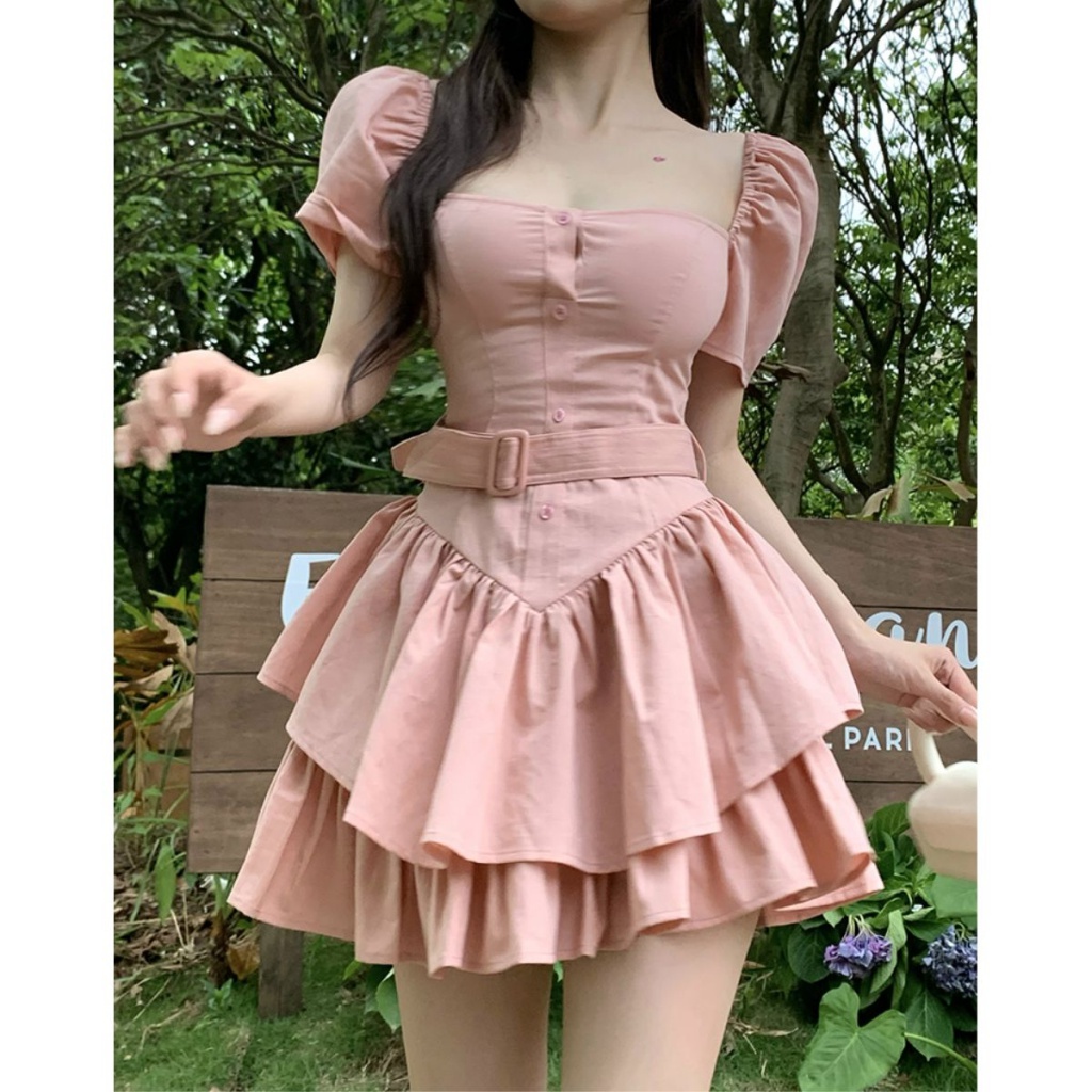 Đầm Công Chúa Tay Phồng Cổ Vuông Ôm Eo Thời Trang Mùa Hè 2023 Mới Cho Nữ