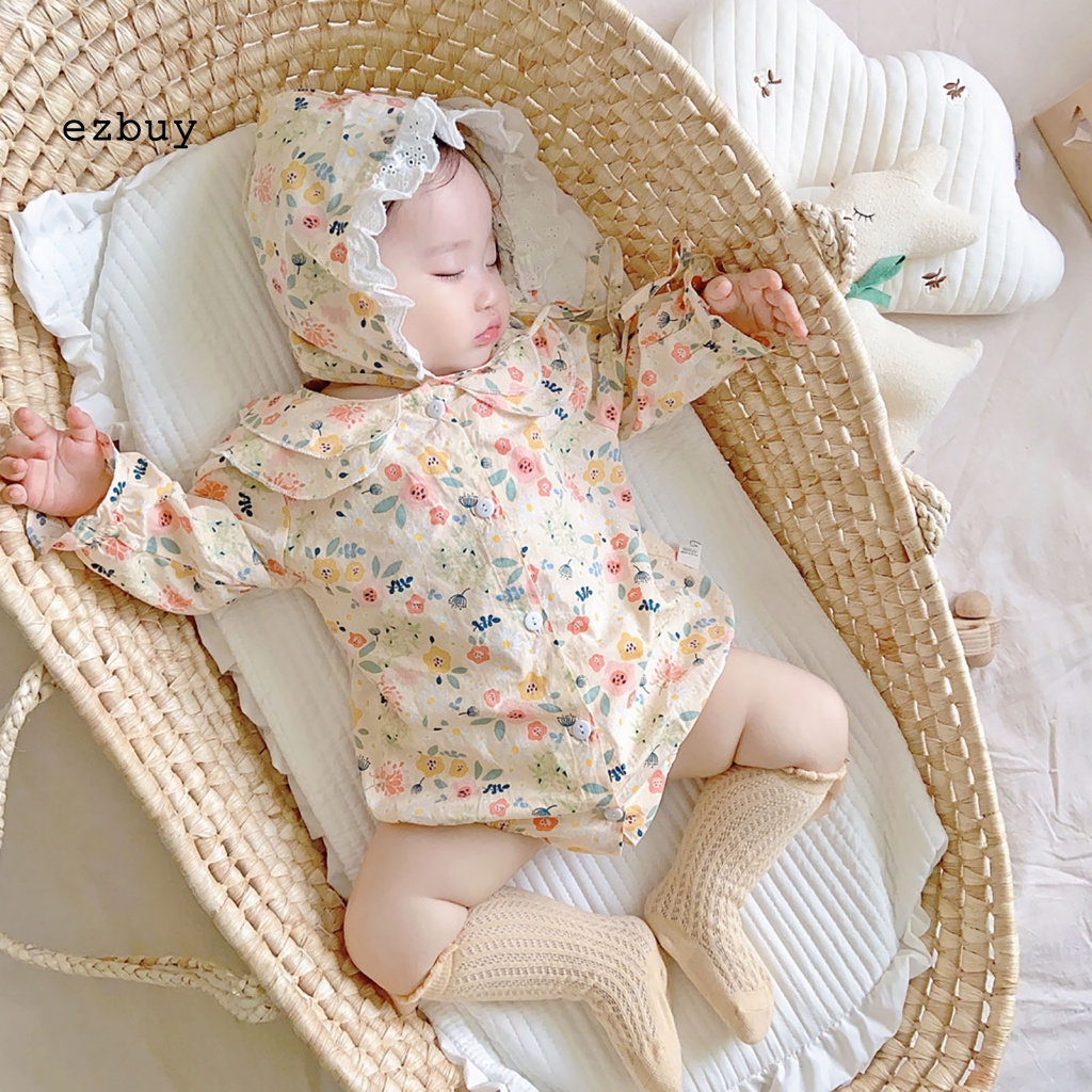 Bộ 2 Món Áo Liền Quần + Nón In Hoa Thoáng Khí Lâu Trôi Thời Trang Mùa Xuân Cho Bé Sơ Sinh