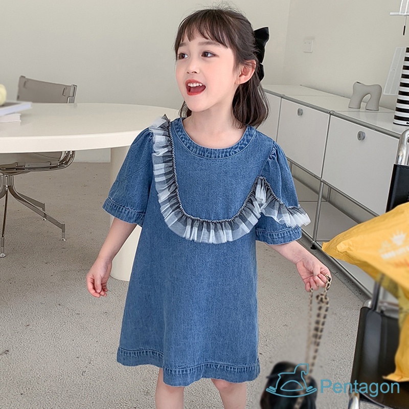 Đầm Denim Cổ Tròn Tay Phồng Màu Trơn Thời Trang Hàn Quốc Xinh Xắn Cho Bé Gái