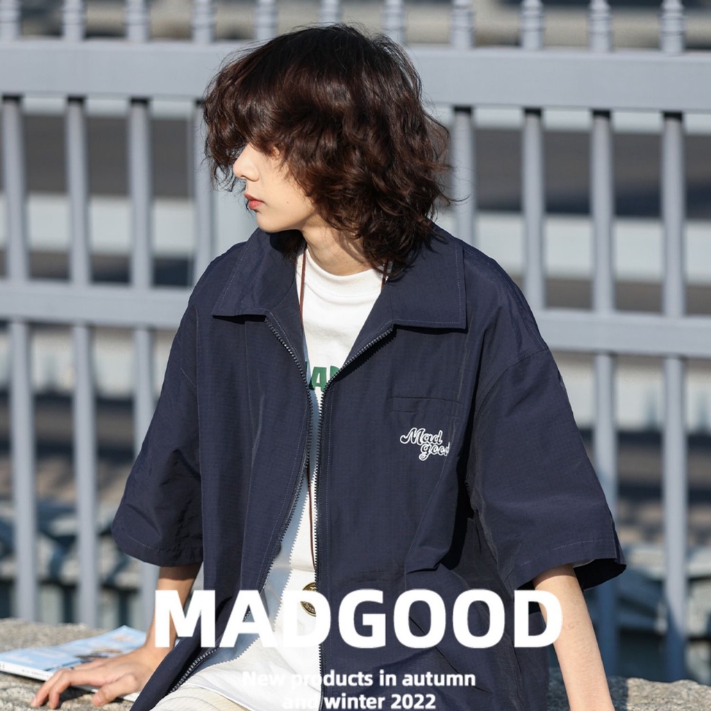 Áo Sơ Mi Ngắn Tay Dáng Rộng Kiểu Nhật Bản Phối Khóa Kéo Cá Tính Cho Nam Và Nữ