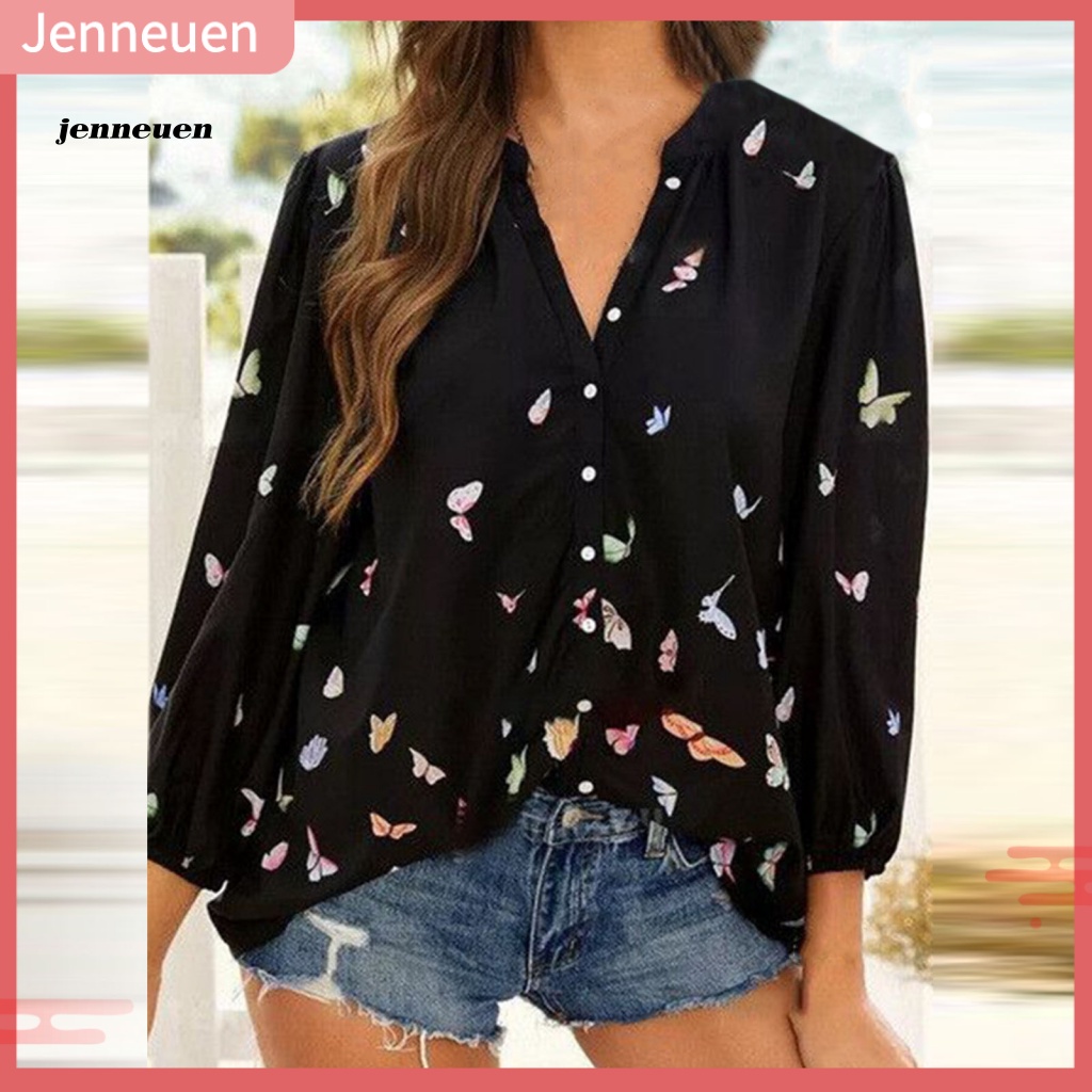 Áo Sơ Mi Cổ Chữ V Dáng Rộng In Họa Tiết Bươm Bướm Thời Trang Mùa Thu