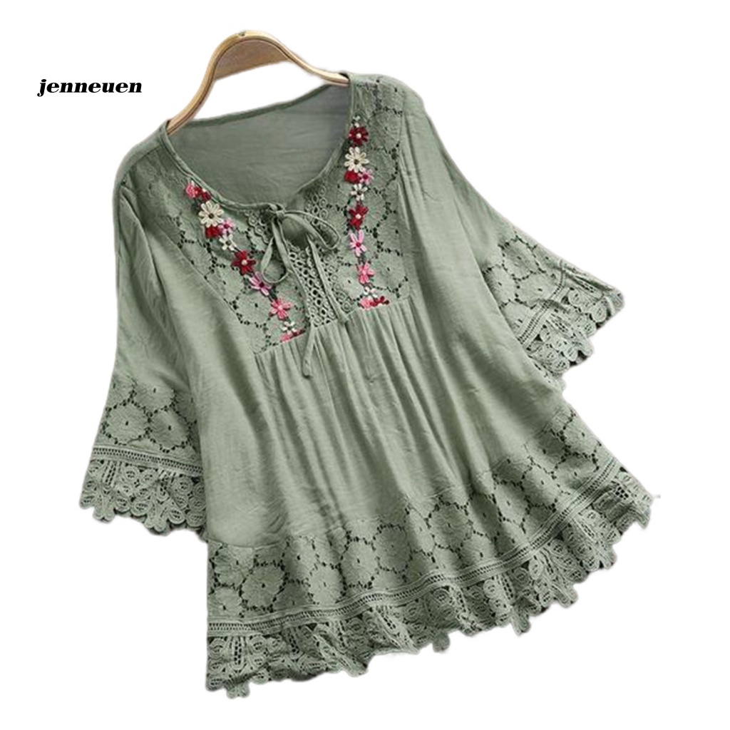 Áo Sơ Mi Tay Lỡ 3 / 4 Cổ Chữ V Thêu Hoa Phối Ren Thời Trang Mùa Hè Cho Nữ