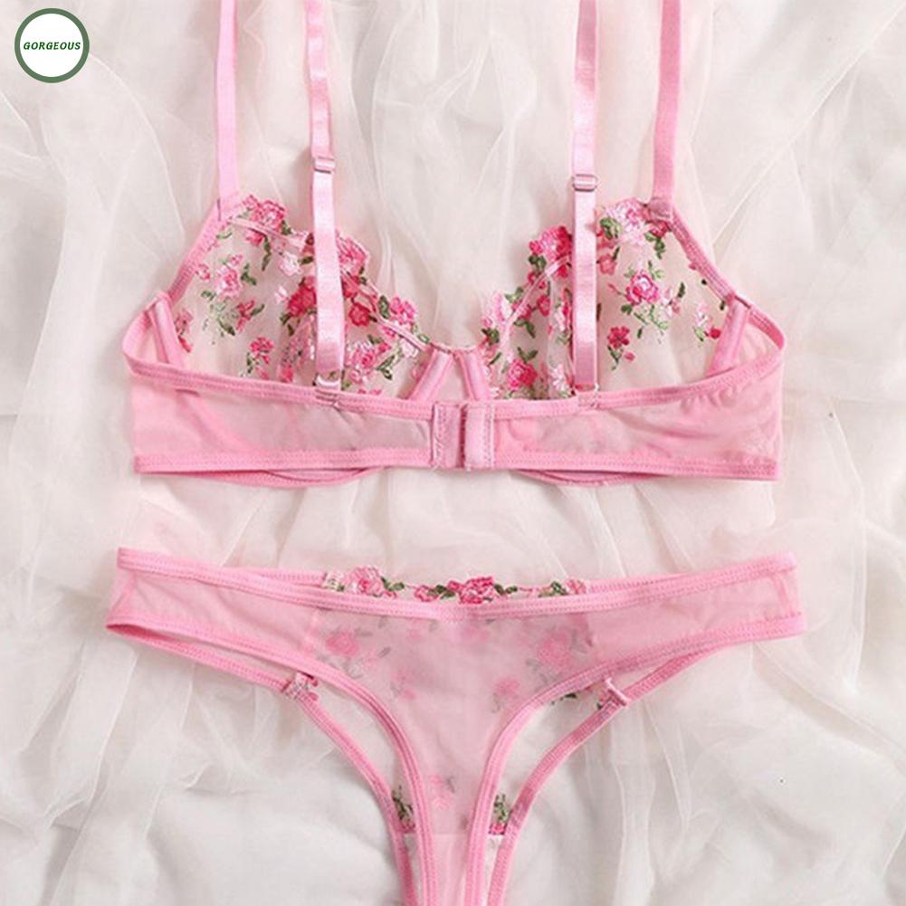 GORGEOUS~Women Sexy Lace Embroidery Bra Thongs Set  Sheer Nightwear Lingerie Sleepwear