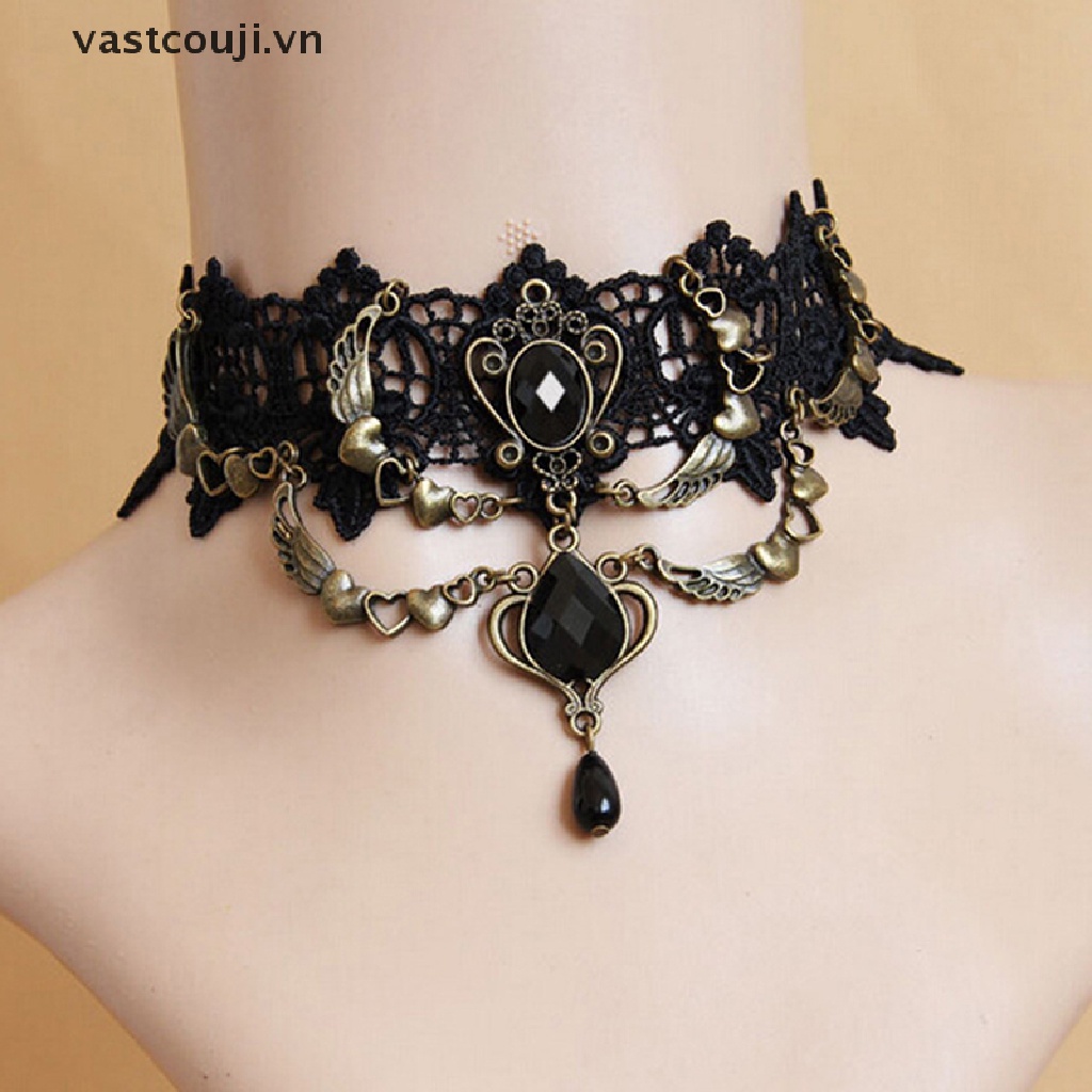 Vòng Cổ Choker Vải Ren Màu Đen Đính Đá Pha Lê Gợi Cảm VN