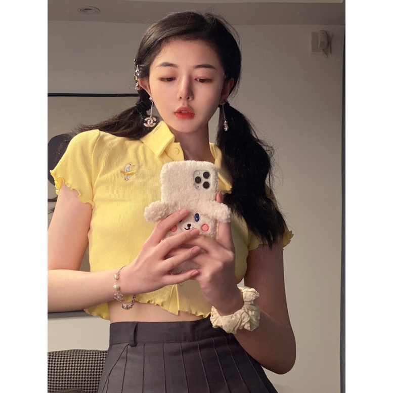 Áo Thun Polo Dệt Kim Tay Ngắn Dáng Rộng Thêu Họa Tiết Xinh Xắn Thời Trang Mùa Hè Phong Cách Hàn Quốc Cho Nữ