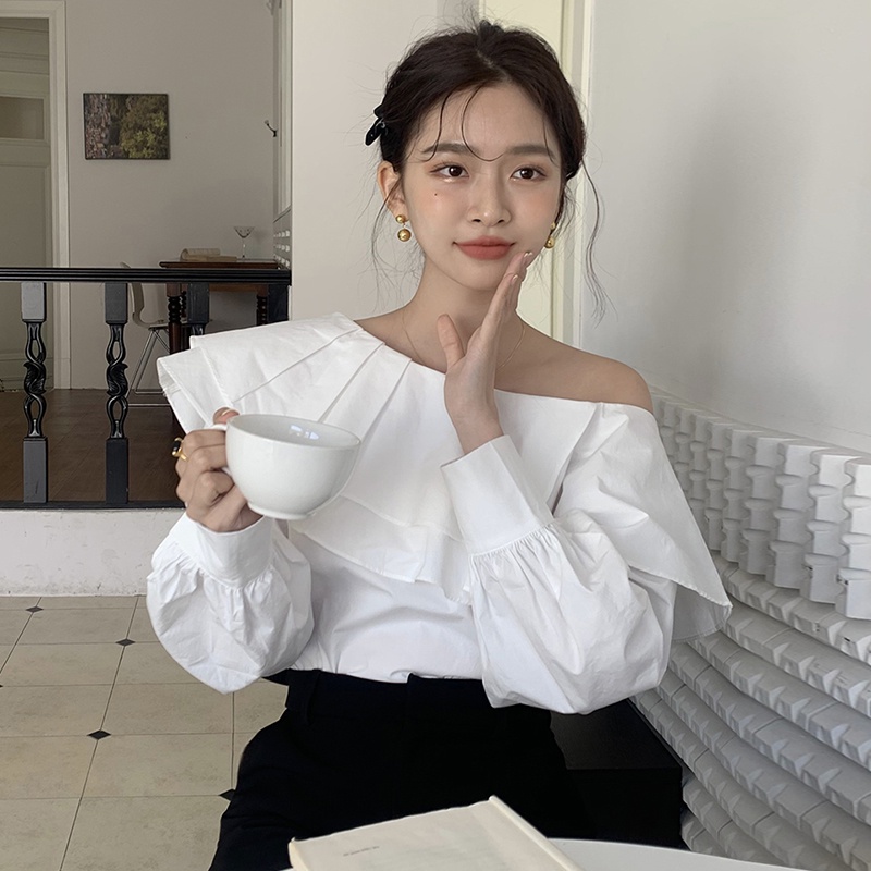 Áo Sơ Mi Tay Dài Một Bên Vai Dáng Rộng Phong Cách Hàn Quốc Dành Cho Nữ