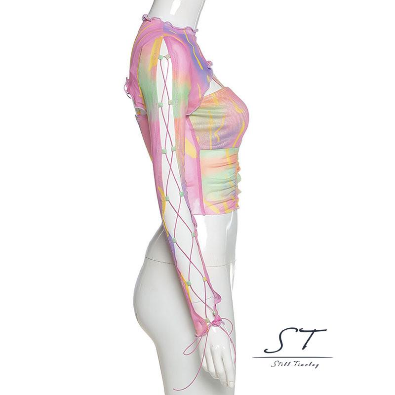 Bộ Áo Croptop Dài Tay Cổ Tròn + Áo Hai Dây Nhún Bèo CY03- Thời Trang Mùa Hè Cho Nữ