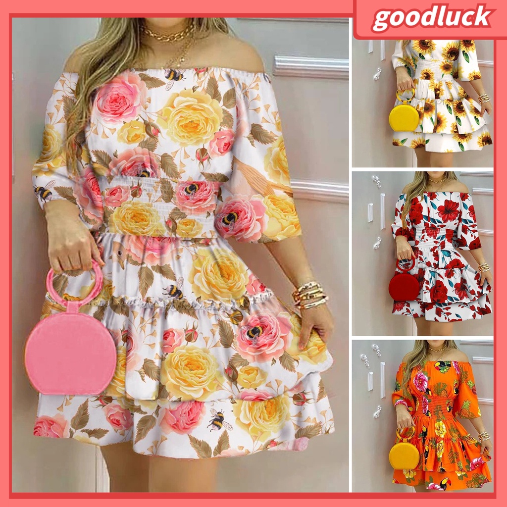 Đầm Trễ Vai Tay 3 / 4 In Họa Tiết Hoa Hướng Dương Thời Trang Mùa Hè Xinh Xắn Cho Nữ