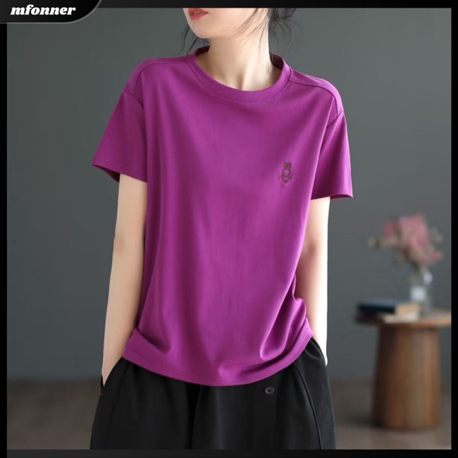 Áo Thun Tay Ngắn Cổ Tròn Thêu Hình Thỏ Dễ Thương Dành Cho Nữ