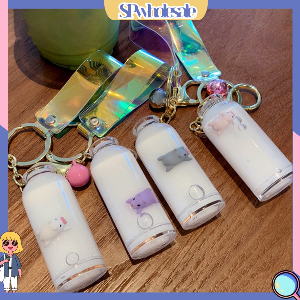 <SPwholesale> Móc Khóa Hình Bình Sữa Thủy Tinh Ba Chiều Có Chuông Và Dây Treo < SPwholesale >