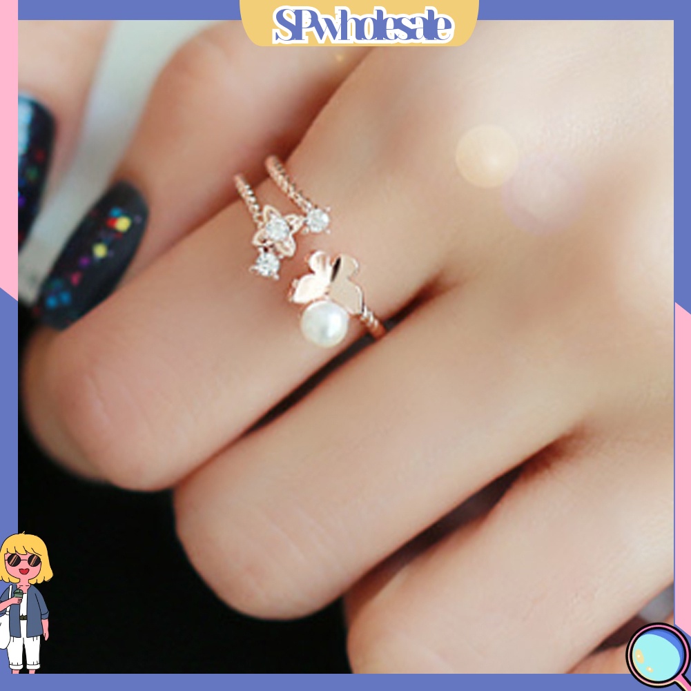 <SPwholesale> Nhẫn Hình Bướm Đính Ngọc Trai Nhân Tạo Thời Trang Dành Cho Nữ