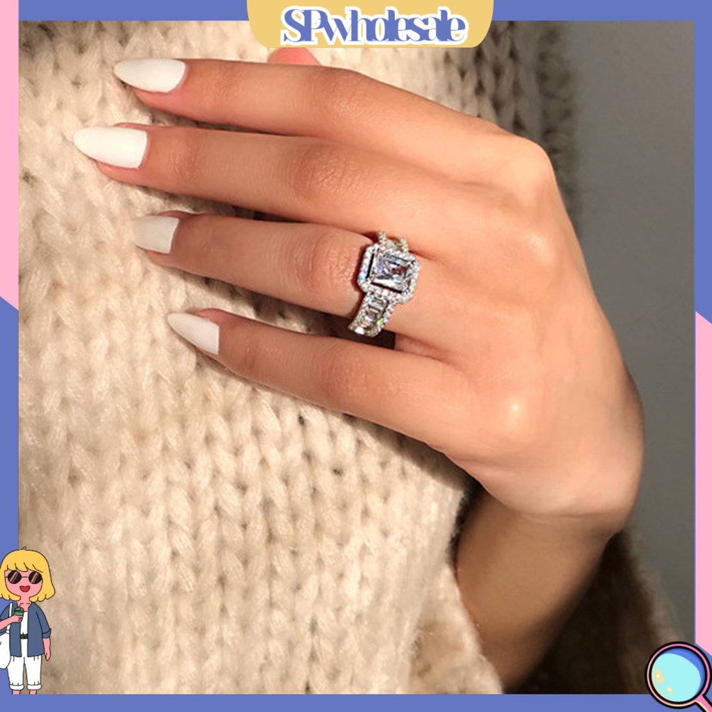 &lt;SPwholesale&gt; Nhẫn Cưới Mặt Vuông Đính Đá Zircon Phong Cách Phương Tây Không Gây Dị Ứng Trang Trí Cho Nữ