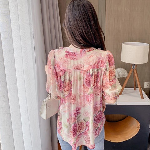 Áo Sơ Mi Chiffon Cổ V Tay Ngắn In Hoa Thời Trang Mùa Hè Cho Nữ