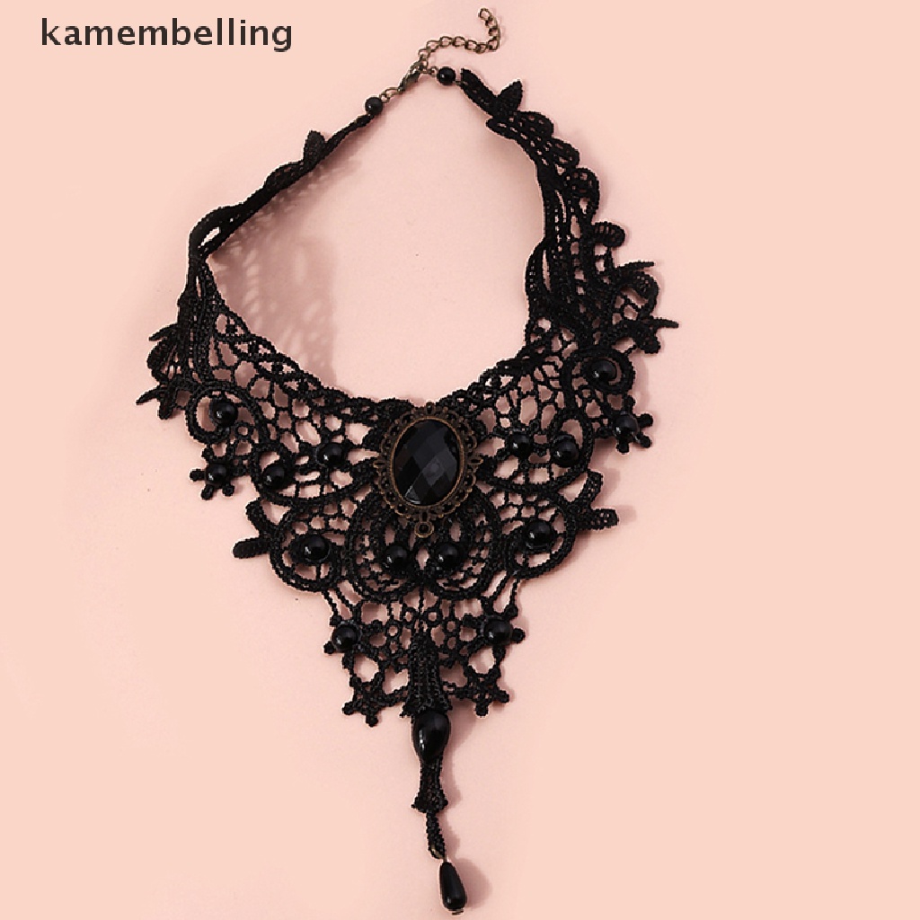 Kamembelling Vòng Cổ Choker Ren Đen Đính Hạt Phong Cách Gothic Quyến Rũ