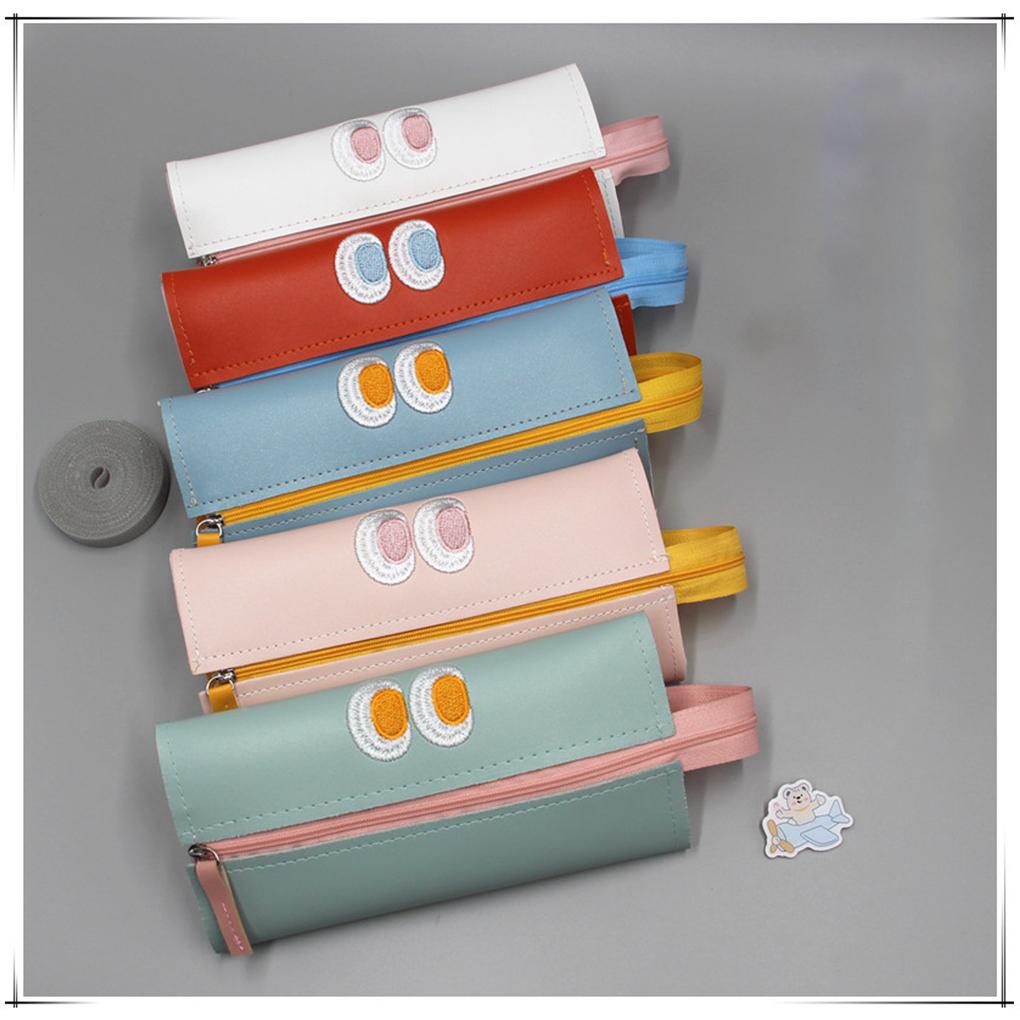 Túi Đựng Bút Bằng Da Màu Trơn Có Khóa Kéo Thêu Họa Tiết Xinh Xắn