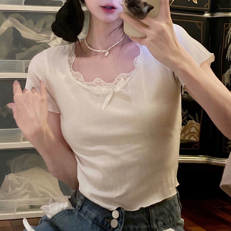 Áo Thun Tay Ngắn Dáng Ôm Phối Ren Thời Trang Mùa Hè Xinh Xắn Cho Nữ