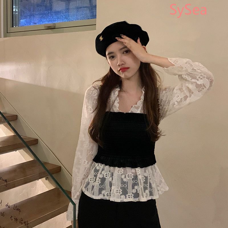 Áo Sơ Mi Dài Tay Phối Ren Phong Cách Hàn Quốc Thanh Lịch Cho Nữ