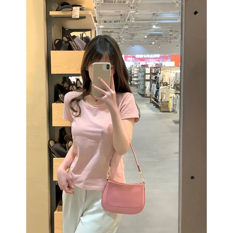 Áo Thun Ngắn Tay Màu Sắc Đơn Giản Thời Trang Mùa Hè Cho Nữ