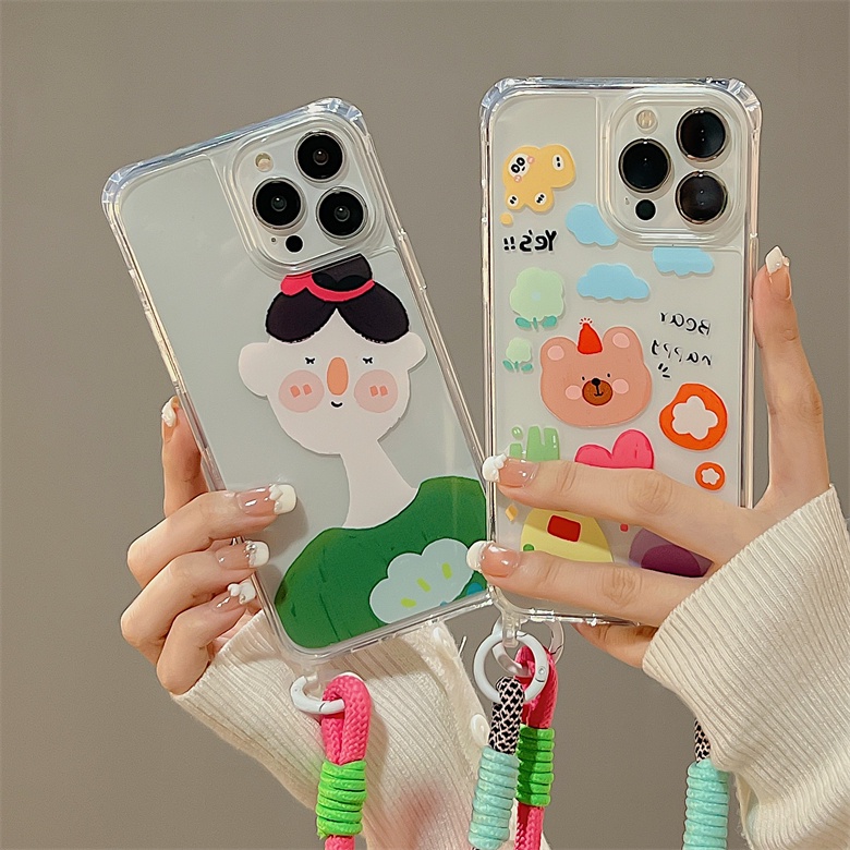 Ốp Điện Thoại Tpu Dẻo Trong Suốt Họa Tiết Hoạt Hình Đơn Giản Chống Sốc Kèm Dây Đeo Cho iphone 12 14 13 11 Pro Max