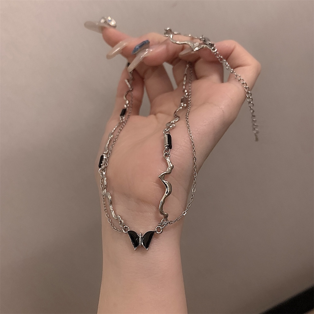Vòng cổ Hai Lớp Hình Bướm Đen Phong Cách Hàn Quốc Sang Trọng Cho Nữ