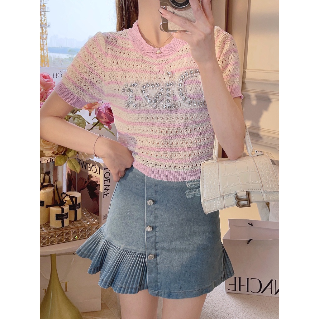 Áo Thun Dệt Kim Tay Ngắn Kẻ Sọc In Chữ Kiểu Hàn Quốc Thời Trang Mùa Hè Cho