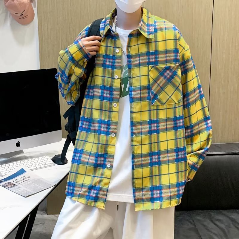 Áo Sơ Mi Khoác Ngoài Dài Tay Dáng Rộng Họa Tiết Sọc Caro Cao Cấp Thời Trang Cho Nam