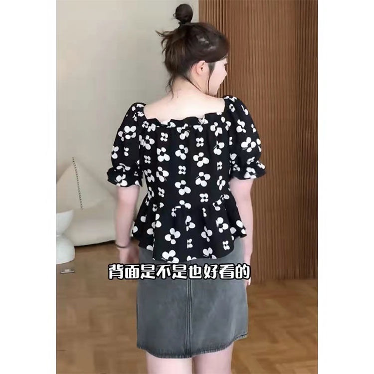 Gujinglei Áo Sơ Mi Tay Phồng Cổ Vuông Cỡ Lớn In Hoa Thời Trang Mùa Hè Cho Nữ