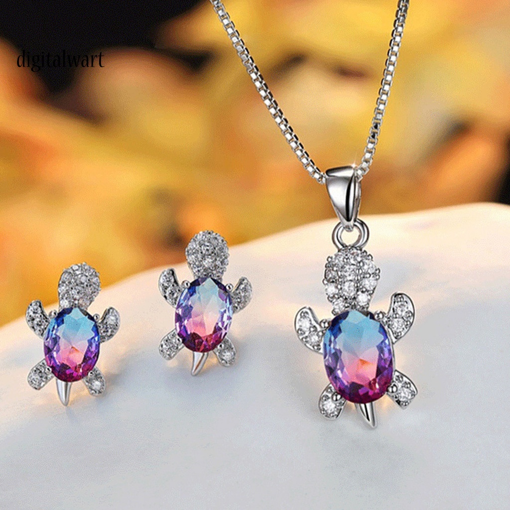 Kỹ Thuật Số| 1 Set Vòng cổ Và Bông Tai Hình Rùa Đính Đá Lấp Lánh
