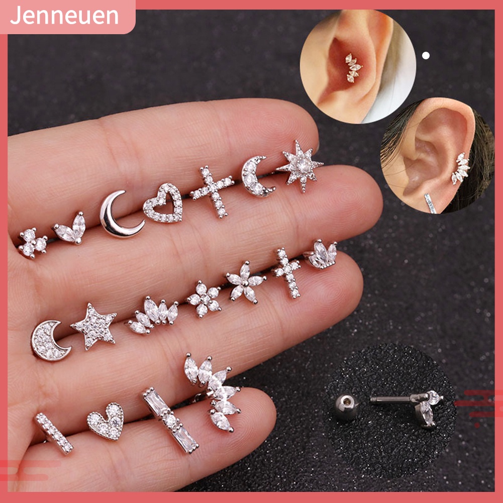 1 Khuyên Tai Dạng Hạt Đính Đá Zircon Hình Mặt Trời Mặt Trăng Thánh Giá Helix Cho Nữ