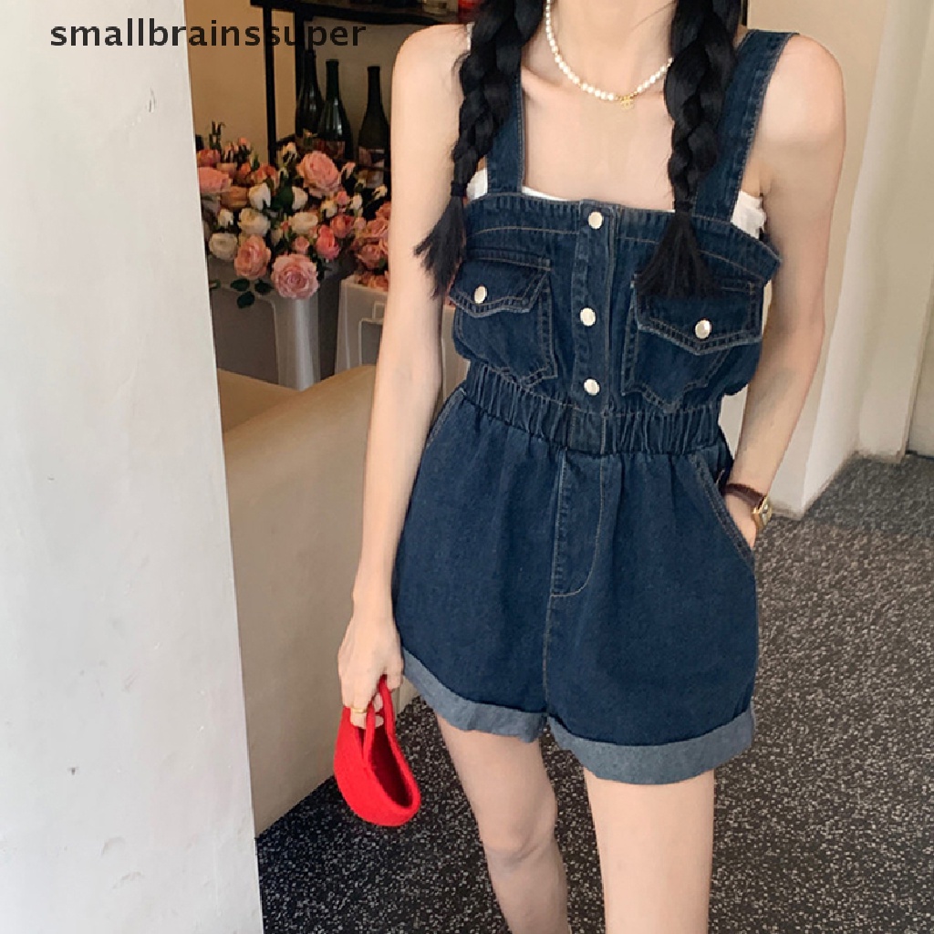 Quần Short Yếm Denim Lưng Cao Co Giãn Xếp Ly Cài Nút Ống Rộng Phối Túi Phong Cách Vintage Thời Trang Mùa Hè Cho Nữ SBS