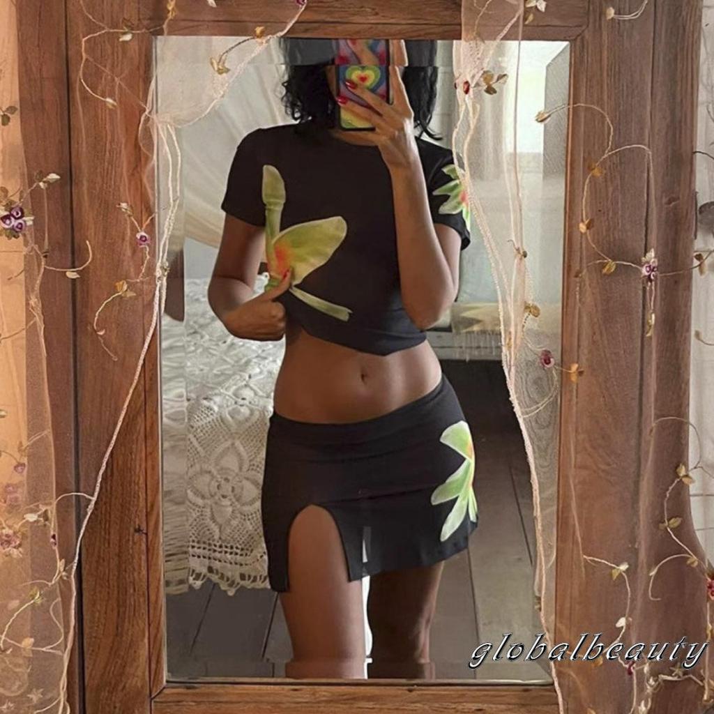 Bộ Trang Phục 2 Mảnh Gồm Áo Thun Lưới Tay Cộc In Họa Tiết Hoa + Chân Váy Chữ A Mini Cho Nữ