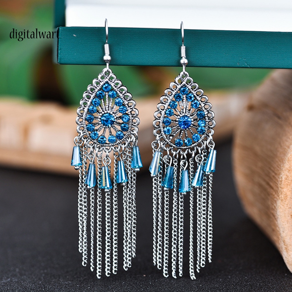 Kỹ Thuật Số| 1 Đôi Bông Tai Hình Giọt Nước Đính Đá Phối Tua Rua Phong Cách Vintage Dành Cho Nữ