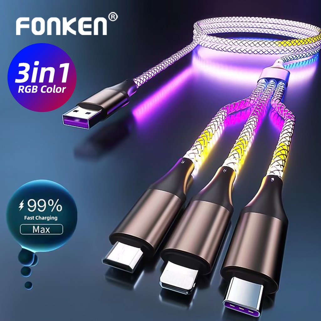 Dây Cáp Sạc Nhanh Fonken 3 Trong 1 6A 66W USB Type-C / Micro USB / iOS Cho Điện Thoại Android