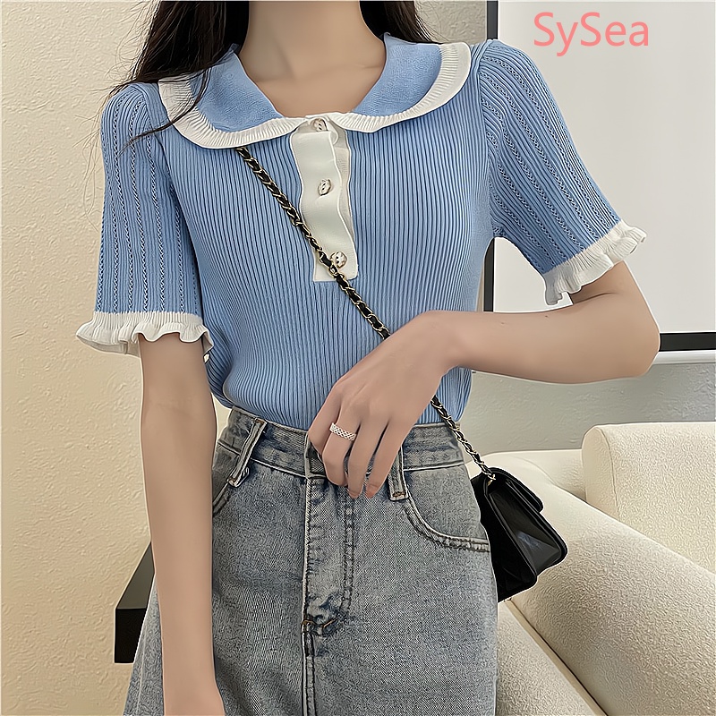 Áo Dệt Kim Cổ Búp Bê Phối Ren Thời Trang Mùa Hè Cho Nữ