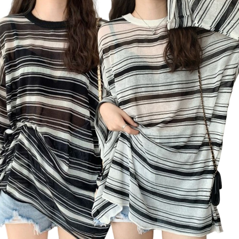 Áo Sơ Mi Chống Nắng Dáng Dài Kẻ Sọc Nhìn Xuyên Thấu Thoáng Khí Thời Trang Mùa Hè Cho Nữ