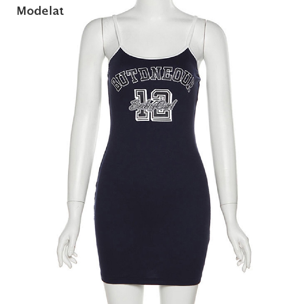 Đầm Hai Dây Cổ Tròn Dáng Ôm In Chữ Thời Trang Mùa Hè Cho Bạn Gái