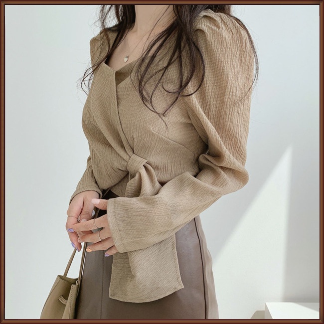 Áo Kiểu Tay Phồng Dài Cổ Vuông Màu Sắc Đơn Giản Thời Trang Cho Nữ
