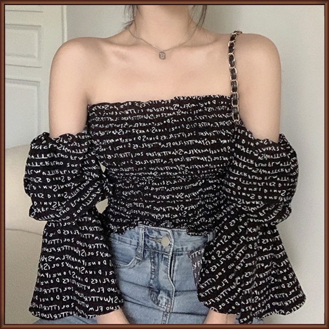 Áo Kiểu Tay Phồng Trễ Vai In Chữ Thời Trang Mùa Hè Quyến Rũ Cho Nữ