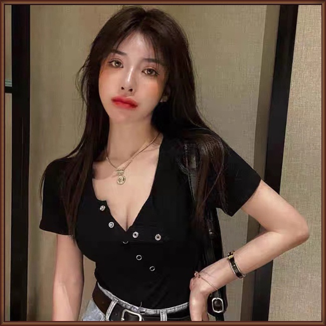 Áo Croptop Tay Ngắn Cổ Chữ V Màu Sắc Đơn Giản Cho Nữ