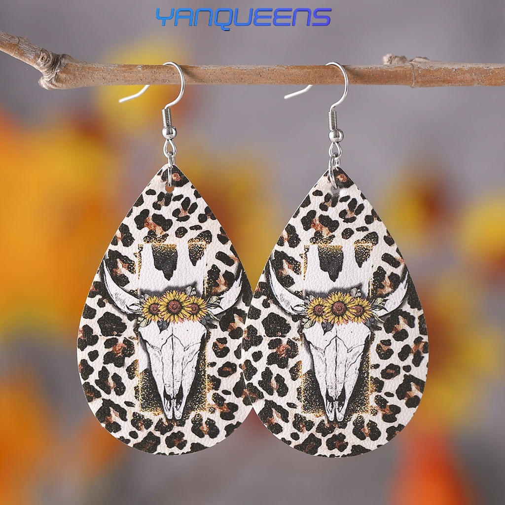 Bông Tai Da Hai Mặt Hình Giọt Nước Họa Tiết Da Báo / Hoa Hướng Dương Phong Cách Vintage