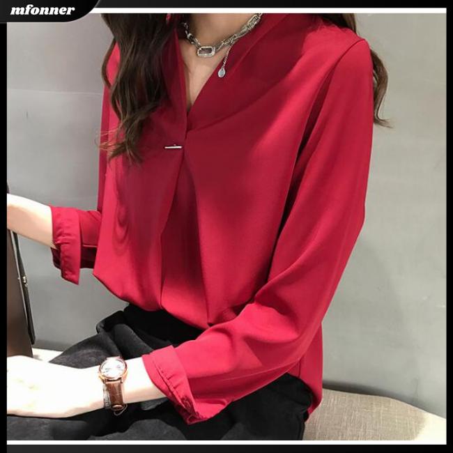 Áo Sơ Mi Chiffon Dài Tay Cổ Chữ V Màu Sắc Đơn Giản Cho Nữ