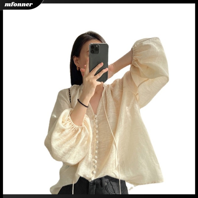 Áo Sơ Mi Nữ Tay Dài Cổ Chữ V Màu Sắc Thanh Lịch