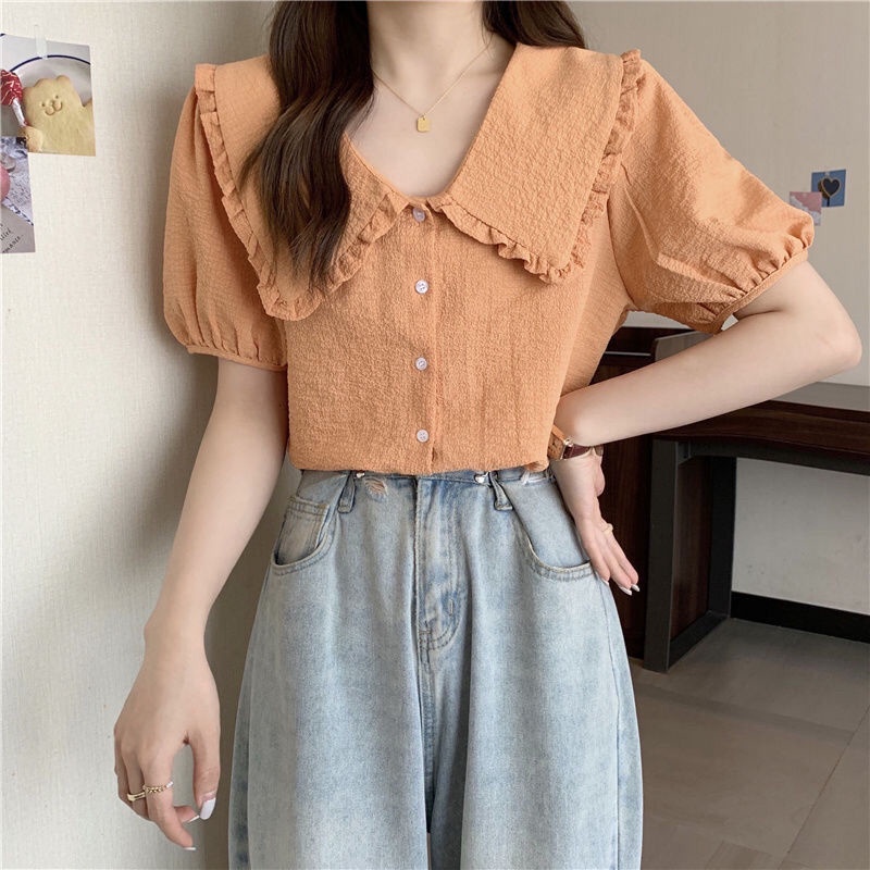 Áo Sơ Mi Chiffon Tay Ngắn Dáng Rộng Màu Tím Thời Trang Mùa Hè Phong Cách Hàn Quốc Cho Nữ