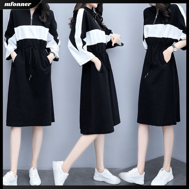 Đầm Midi Cánh Dơi Dáng Chữ A Tay Dài Màu Sắc Tương Phản Thời Trang Cho Nữ