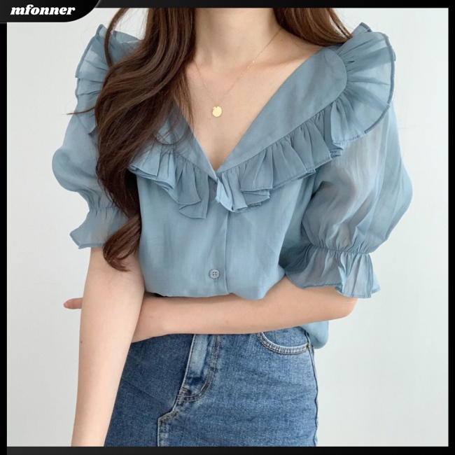 Áo Chiffon Tay Phồng Ngắn Cổ Chữ V Thoáng Khí Thời Trang Mùa Hè Cho Nữ