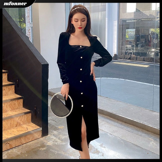 Đầm Midi Tay Dài Cổ Vuông Eo Cao Màu Sắc Đơn Giản Thanh Lịch Dành Cho Nữ