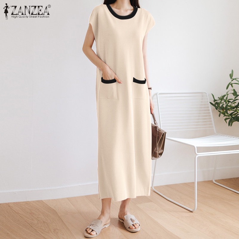 Zanzea Đầm Dài Dáng Rộng Tay Ngắn Cổ Thuyền Thời Trang Cho Nữ