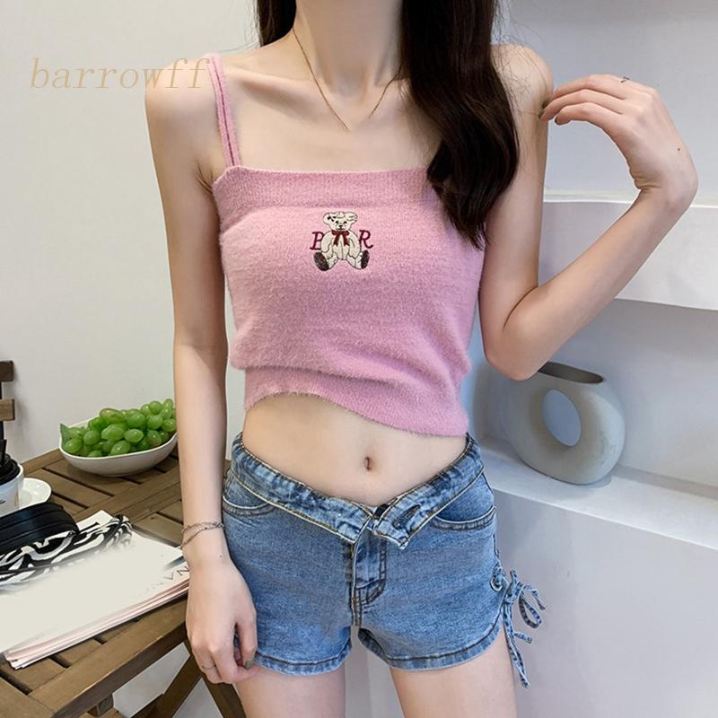Áo Croptop Hai Dây Dệt Kim Thêu Hình Gấu Hoạt Hình Dễ Thương Cho Nữ