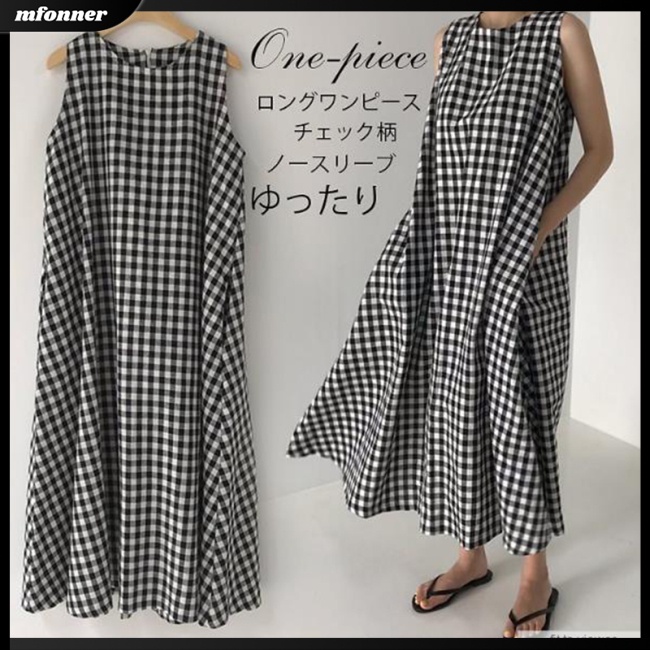 Đầm Cotton Lanh Sát Nách Cổ Tròn Dáng Rộng Sọc Ca Rô Cổ Điển Cho Nữ