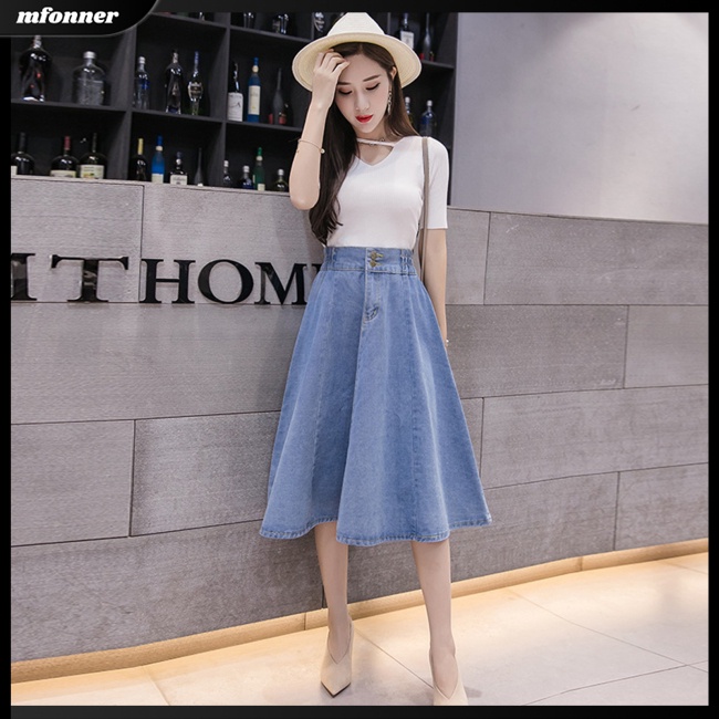 Chân váy jean Dài Dáng Chữ A Lưng Cao Co Giãn Màu Sắc Đơn Giản Thời Trang Dành Cho Nữ